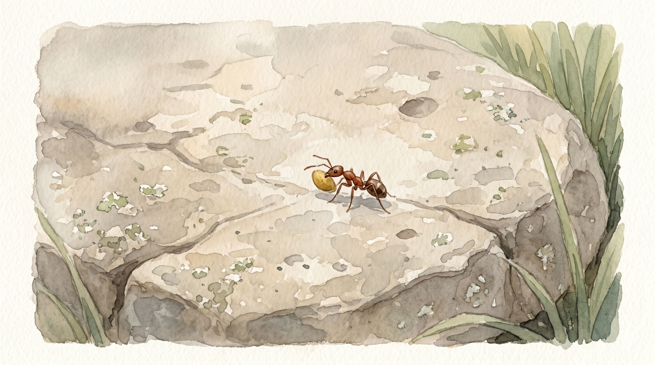 A tiny ant walking carefully across a worn garden stone, carrying something small in its mouth