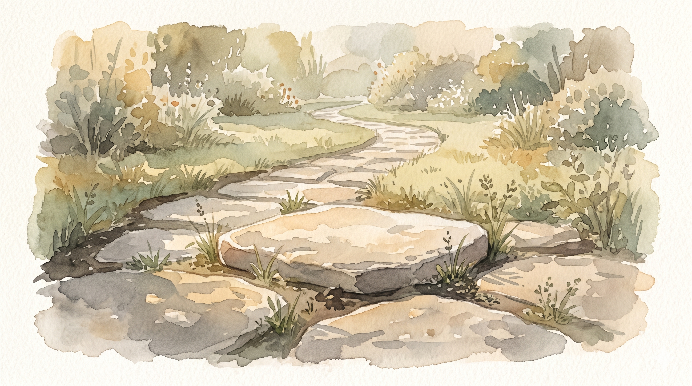 A warm garden path on a quiet afternoon — flat stones surrounded by soft grass and golden light