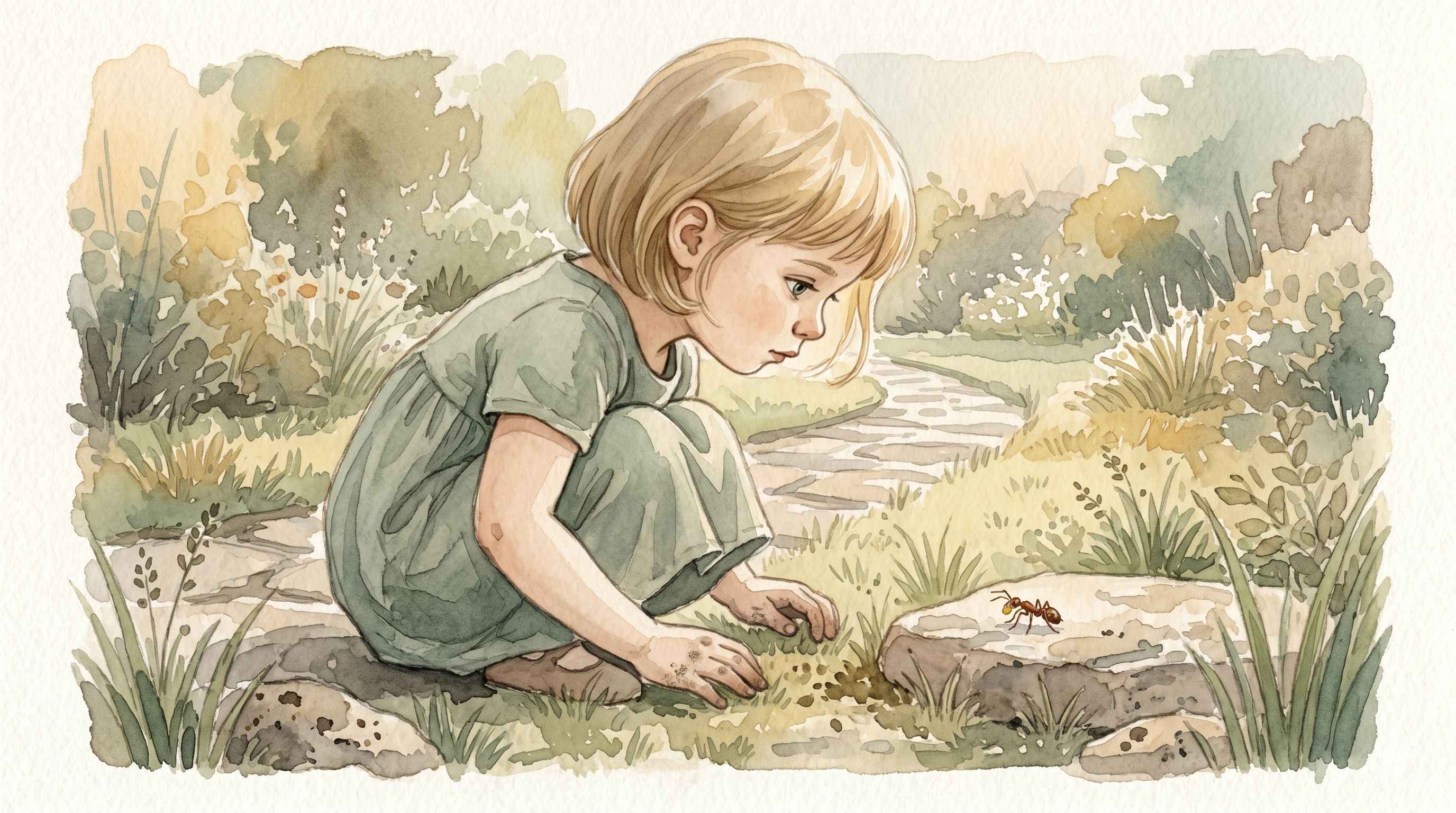 A small girl crouched close to the ground, head tilted with quiet concentration, watching the ant