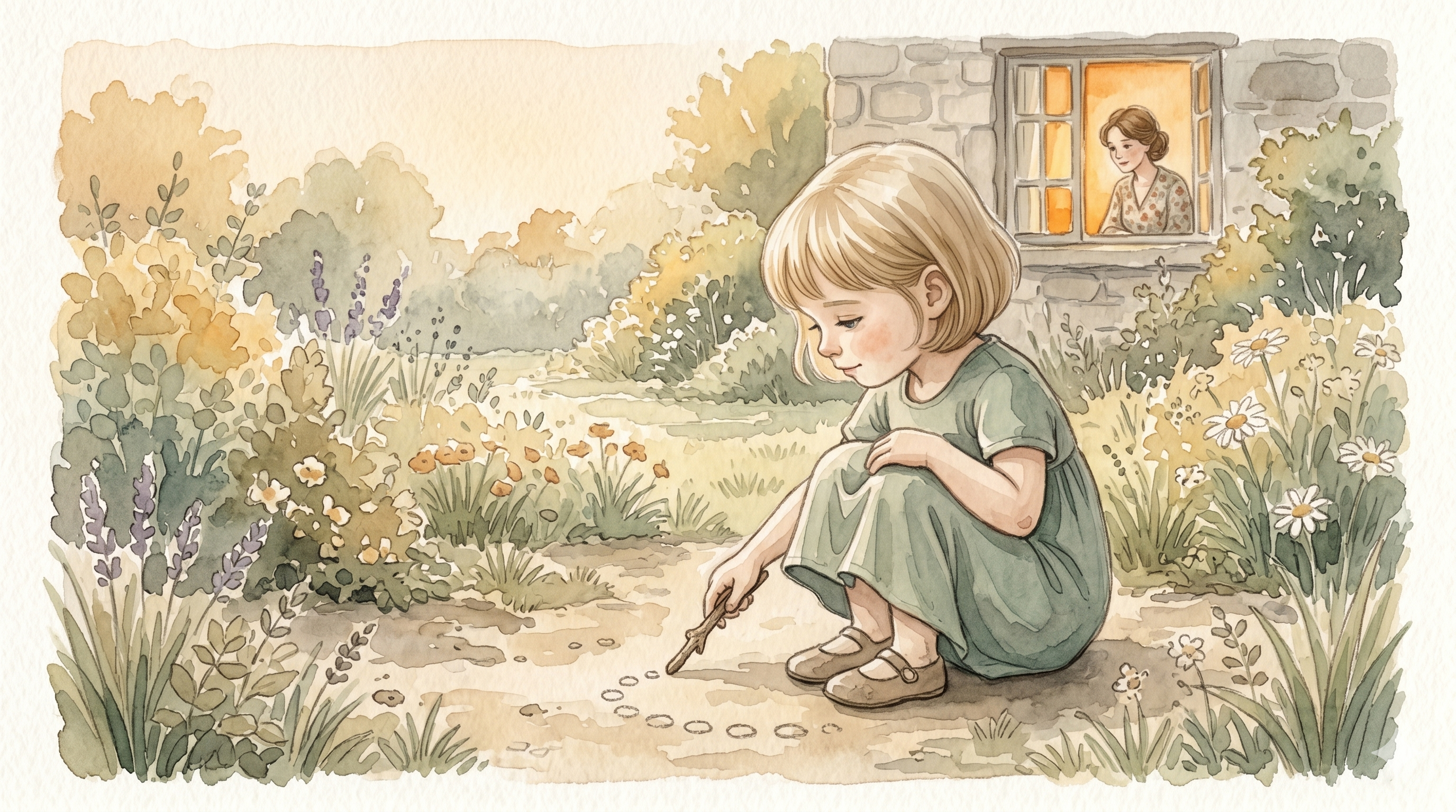 The little girl sits peacefully in the garden, drawing small circles in the earth with a stick, the warm glow of the house window behind her