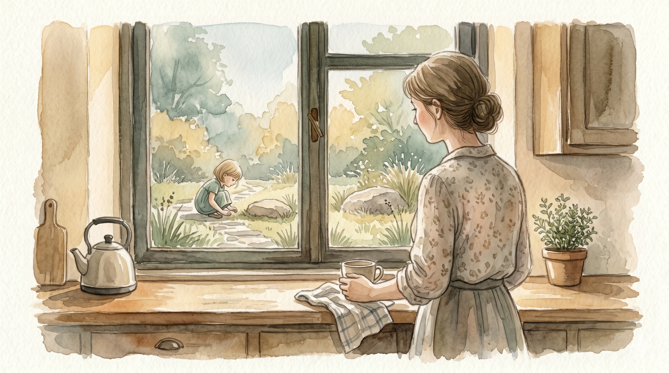 A mother stands at the kitchen window, cup in hand, watching her small daughter in the garden below